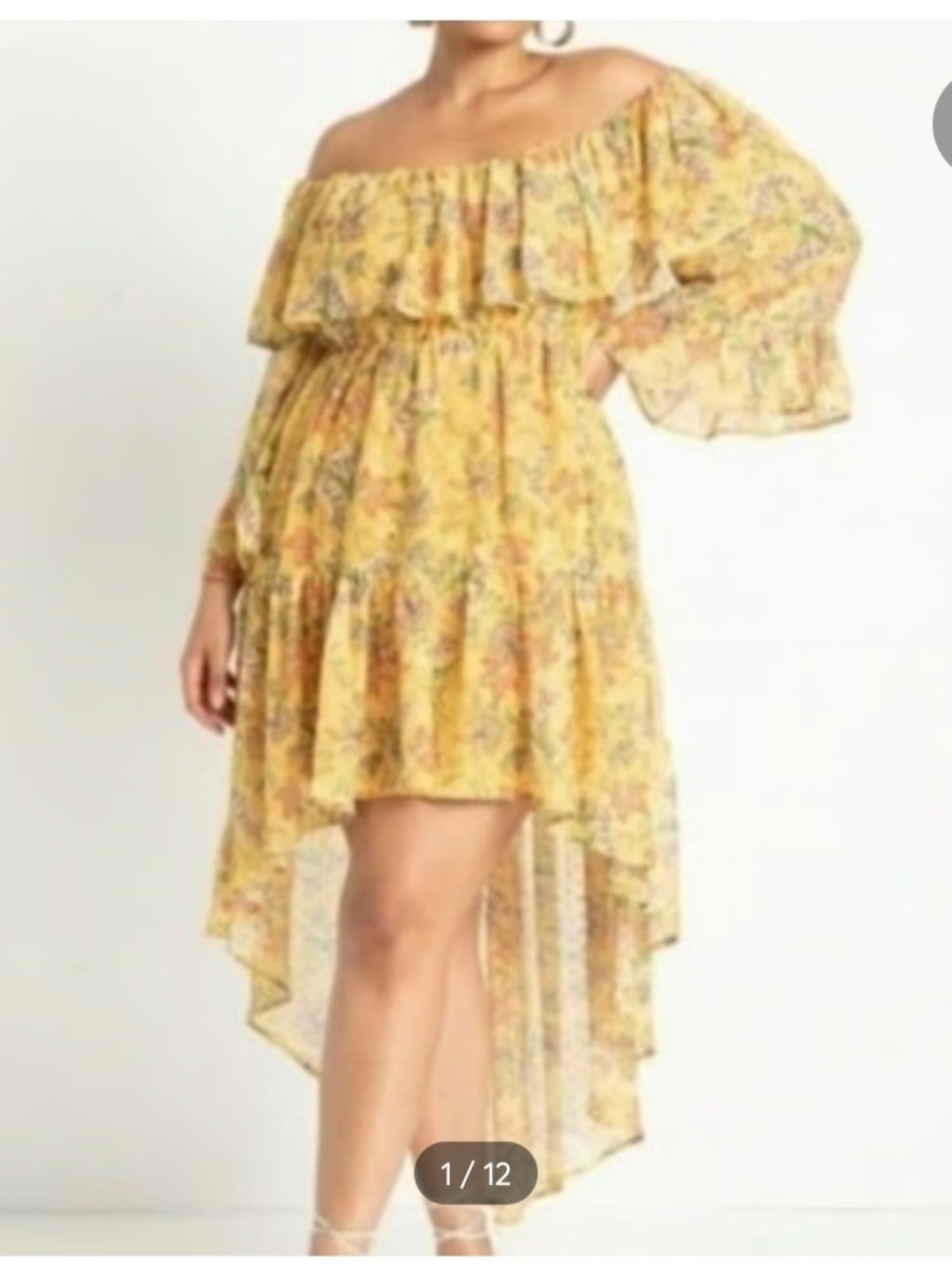 Eloquii Yellow Floral Off-Shoulder High-Low Dress. Size 18